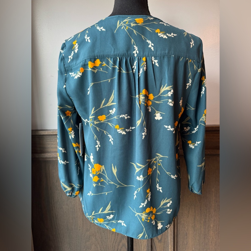 Collective Concepts Teal Floral Tie-Hem Blouse with Yellow Accents MP - Picture 4 of 7